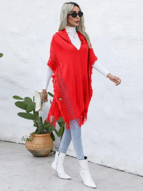 Worn-Out Look Fringe Trim Hooded Poncho