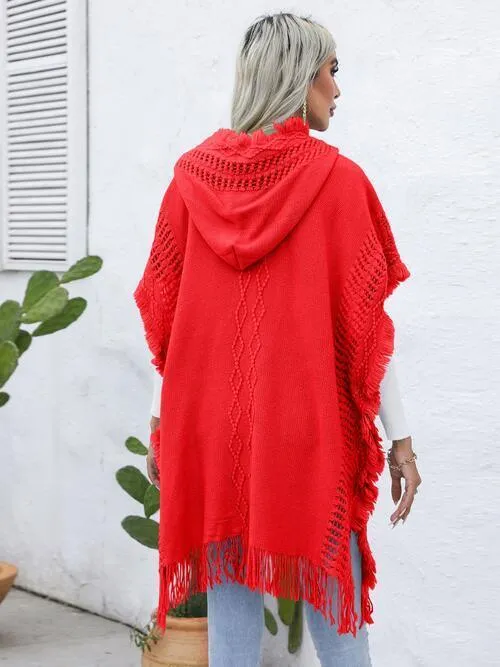 Worn-Out Look Fringe Trim Hooded Poncho