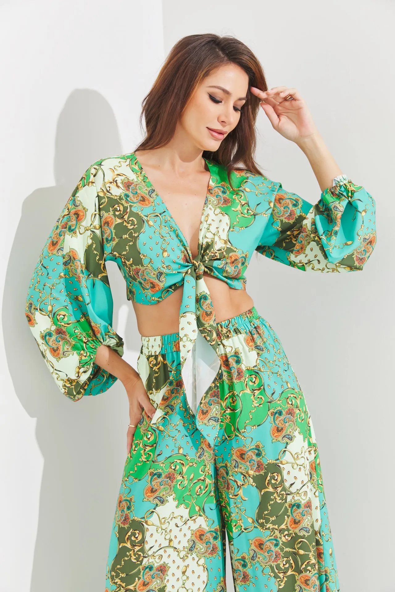 Woven Print 3/4 Sleeve Top and Pants Set