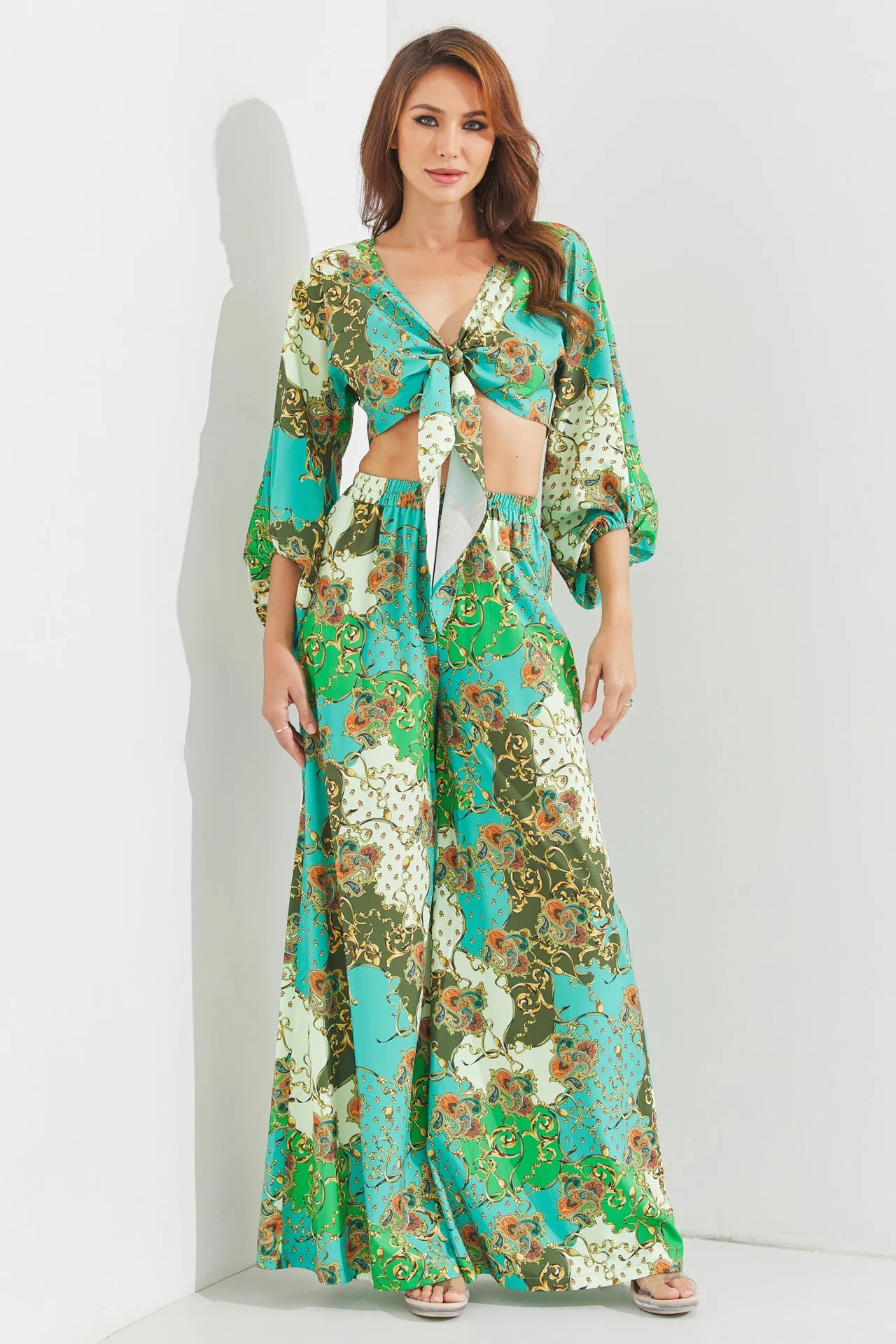 Woven Print 3/4 Sleeve Top and Pants Set