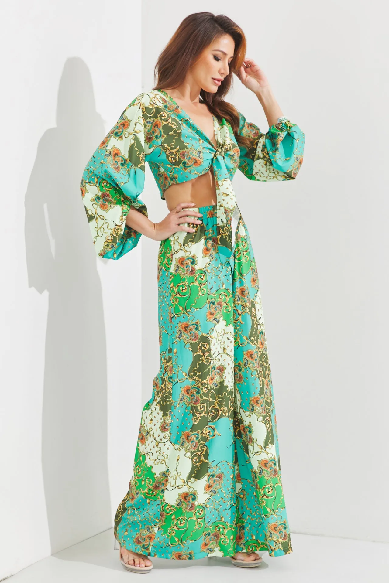 Woven Print 3/4 Sleeve Top and Pants Set