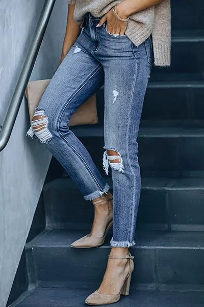 Xieyinshe Casual Solid Tassel Ripped Pencil Bottoms