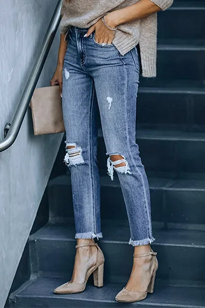 Xieyinshe Casual Solid Tassel Ripped Pencil Bottoms