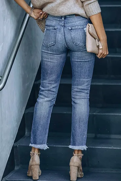 Xieyinshe Casual Solid Tassel Ripped Pencil Bottoms