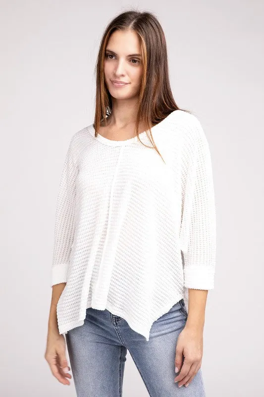 ZENANA 3/4 Sleeve V-Neck Hi-Low Hem Jacquard Sweater