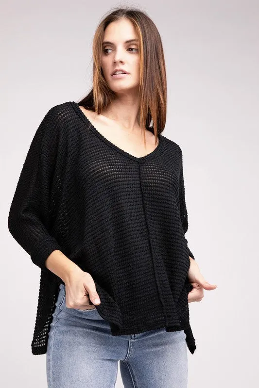ZENANA 3/4 Sleeve V-Neck Hi-Low Hem Jacquard Sweater