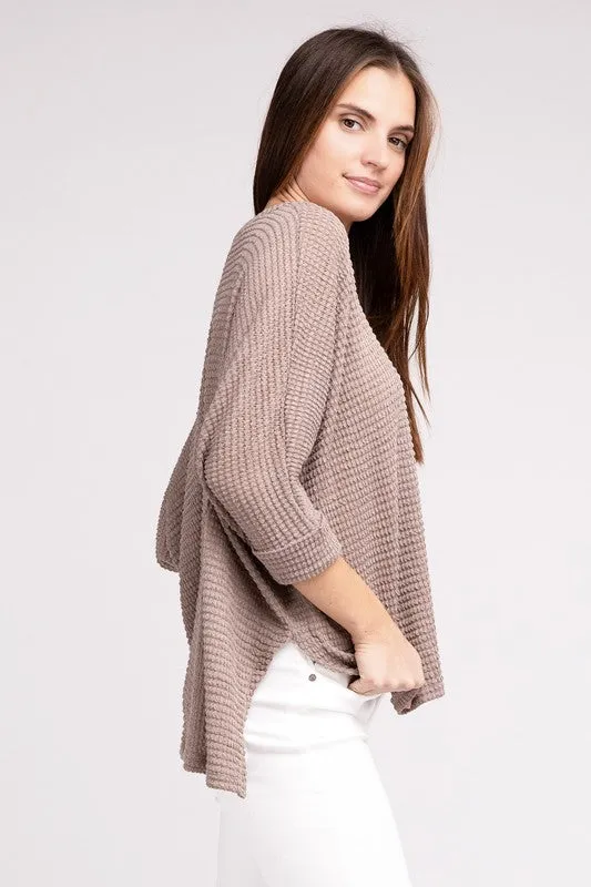 ZENANA 3/4 Sleeve V-Neck Hi-Low Hem Jacquard Sweater