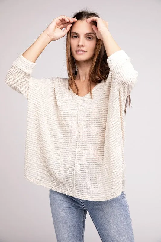 ZENANA 3/4 Sleeve V-Neck Hi-Low Hem Jacquard Sweater