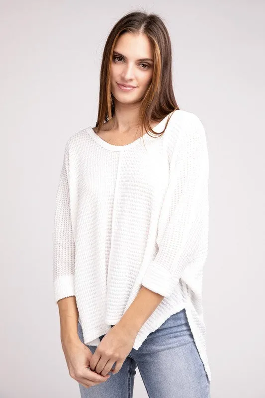 ZENANA 3/4 Sleeve V-Neck Hi-Low Hem Jacquard Sweater