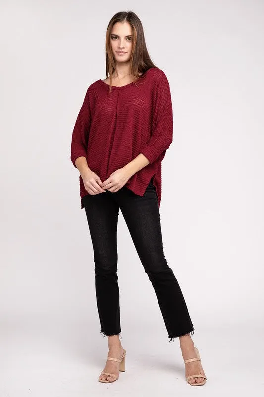 ZENANA 3/4 Sleeve V-Neck Hi-Low Hem Jacquard Sweater
