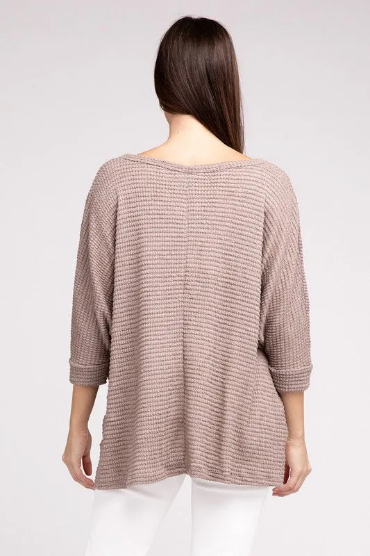 ZENANA 3/4 Sleeve V-Neck Hi-Low Hem Jacquard Sweater