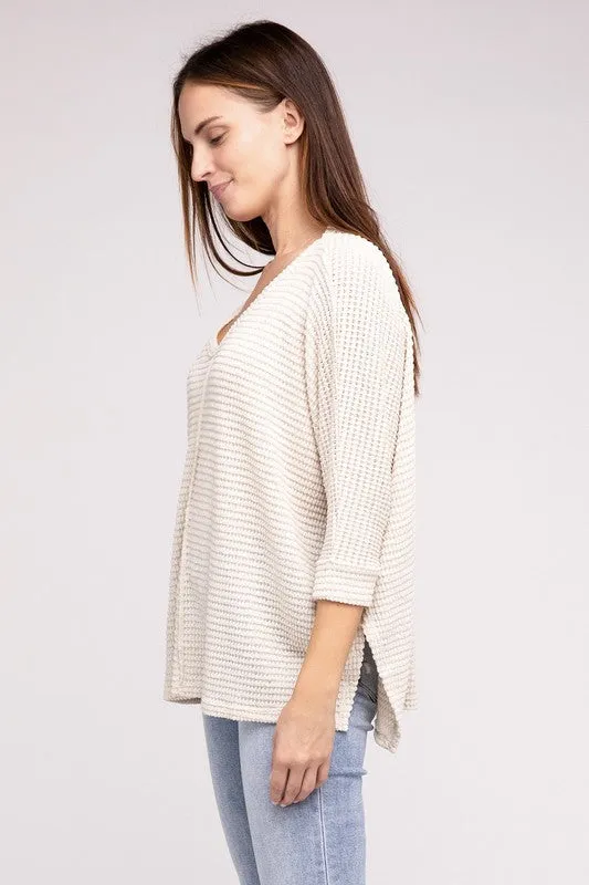 ZENANA 3/4 Sleeve V-Neck Hi-Low Hem Jacquard Sweater