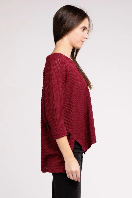 ZENANA 3/4 Sleeve V-Neck Hi-Low Hem Jacquard Sweater
