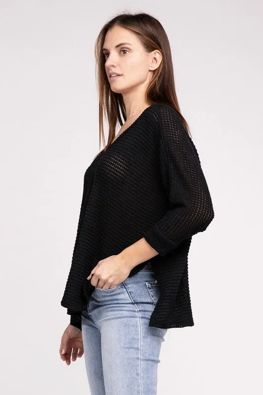 ZENANA 3/4 Sleeve V-Neck Hi-Low Hem Jacquard Sweater