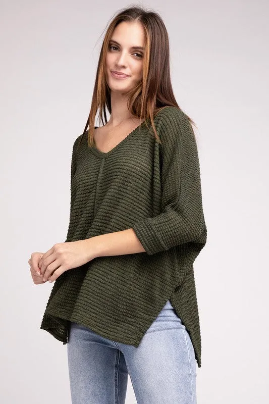 ZENANA 3/4 Sleeve V-Neck Hi-Low Hem Jacquard Sweater