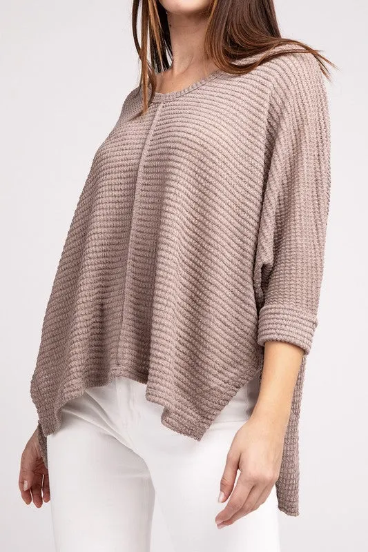 ZENANA 3/4 Sleeve V-Neck Hi-Low Hem Jacquard Sweater