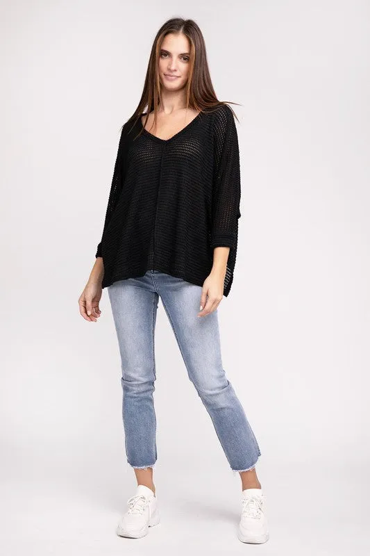 ZENANA 3/4 Sleeve V-Neck Hi-Low Hem Jacquard Sweater