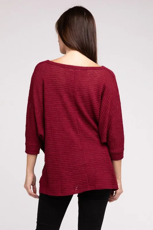ZENANA 3/4 Sleeve V-Neck Hi-Low Hem Jacquard Sweater