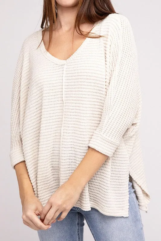 ZENANA 3/4 Sleeve V-Neck Hi-Low Hem Jacquard Sweater