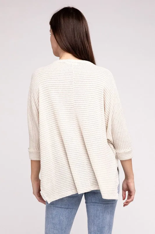 ZENANA 3/4 Sleeve V-Neck Hi-Low Hem Jacquard Sweater