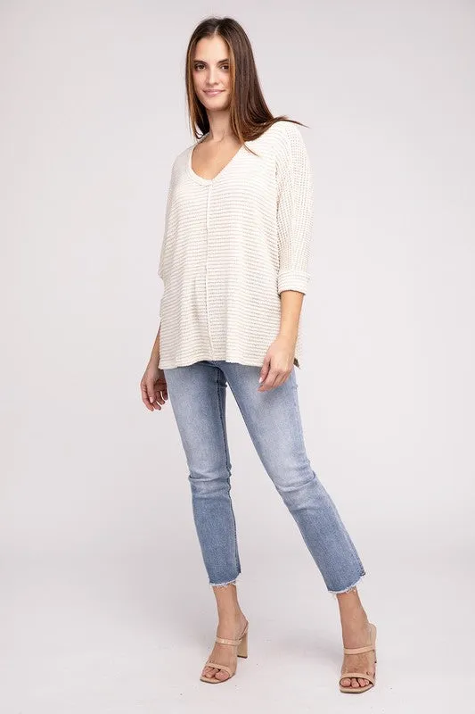ZENANA 3/4 Sleeve V-Neck Hi-Low Hem Jacquard Sweater