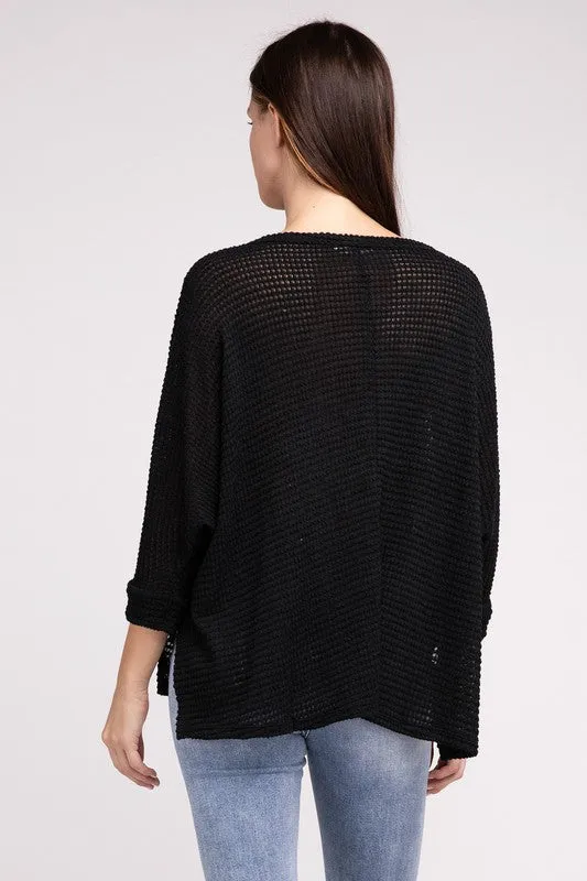 ZENANA 3/4 Sleeve V-Neck Hi-Low Hem Jacquard Sweater