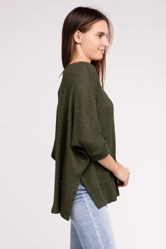 ZENANA 3/4 Sleeve V-Neck Hi-Low Hem Jacquard Sweater