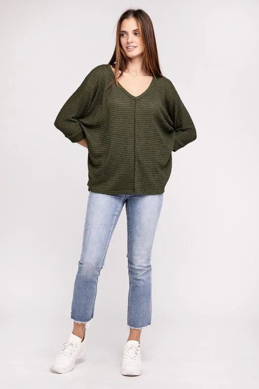 ZENANA 3/4 Sleeve V-Neck Hi-Low Hem Jacquard Sweater