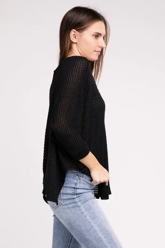 ZENANA 3/4 Sleeve V-Neck Hi-Low Hem Jacquard Sweater