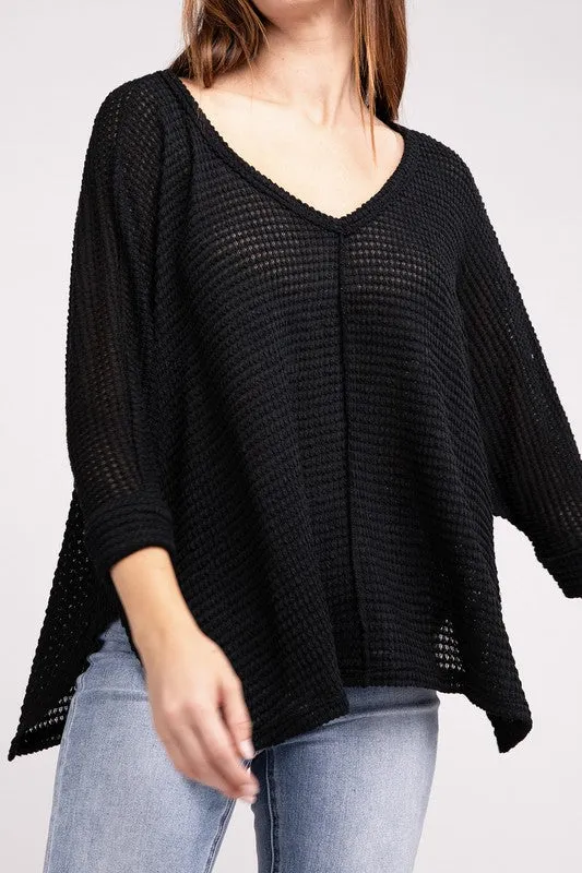 ZENANA 3/4 Sleeve V-Neck Hi-Low Hem Jacquard Sweater