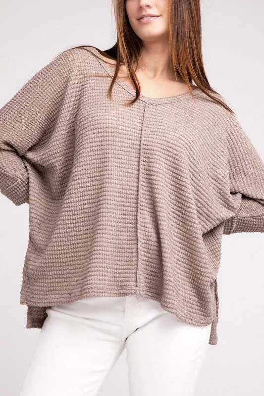 ZENANA 3/4 Sleeve V-Neck Hi-Low Hem Jacquard Sweater