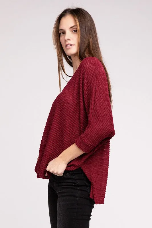 ZENANA 3/4 Sleeve V-Neck Hi-Low Hem Jacquard Sweater