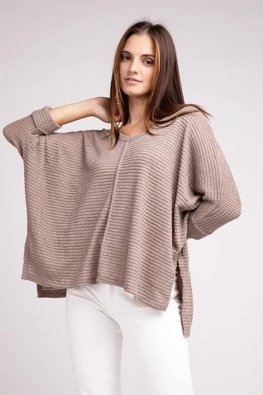 ZENANA 3/4 Sleeve V-Neck Hi-Low Hem Jacquard Sweater