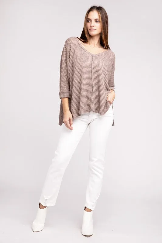 ZENANA 3/4 Sleeve V-Neck Hi-Low Hem Jacquard Sweater
