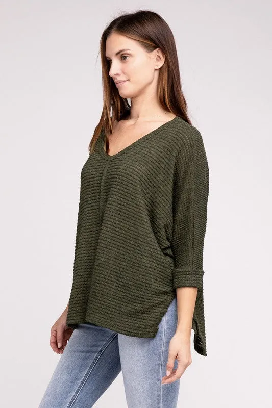 ZENANA 3/4 Sleeve V-Neck Hi-Low Hem Jacquard Sweater