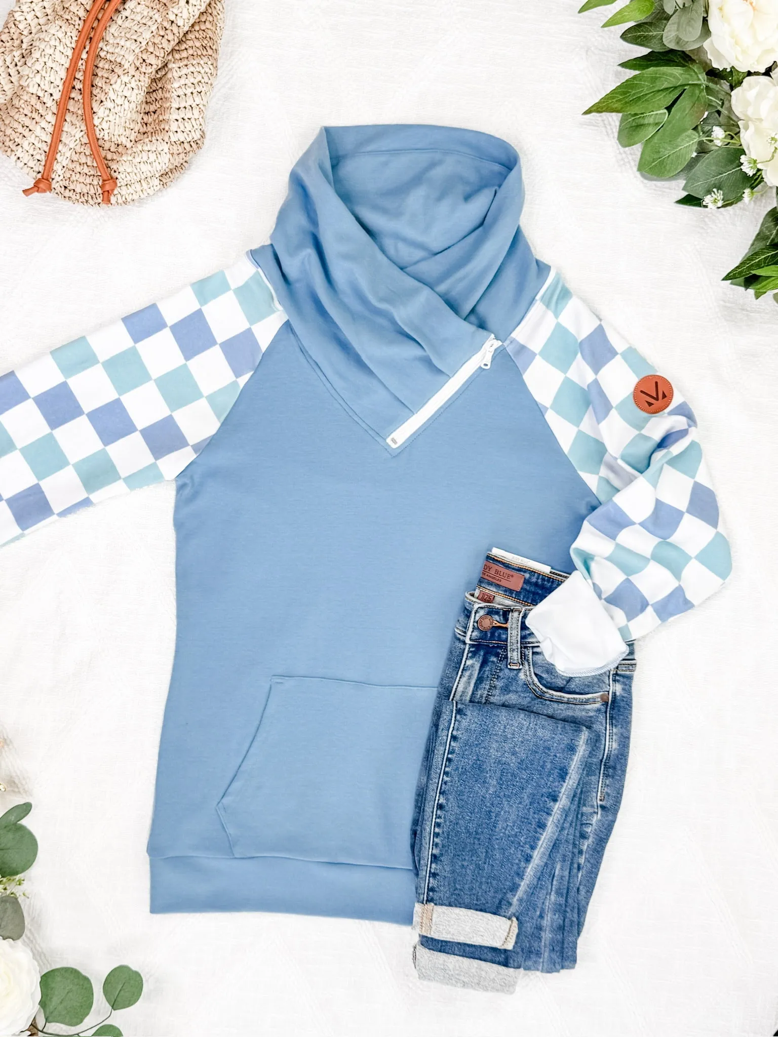 Zoey Zip Cowl Sweatshirt - Blue and Mint Checker MM EXCLUSIVE