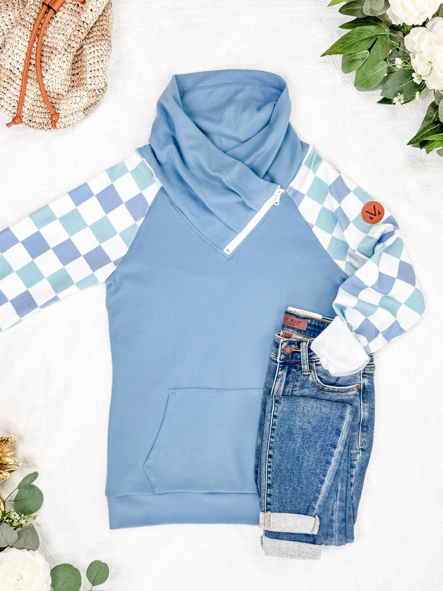 Zoey Zip Cowl Sweatshirt - Blue and Mint Checker MM EXCLUSIVE