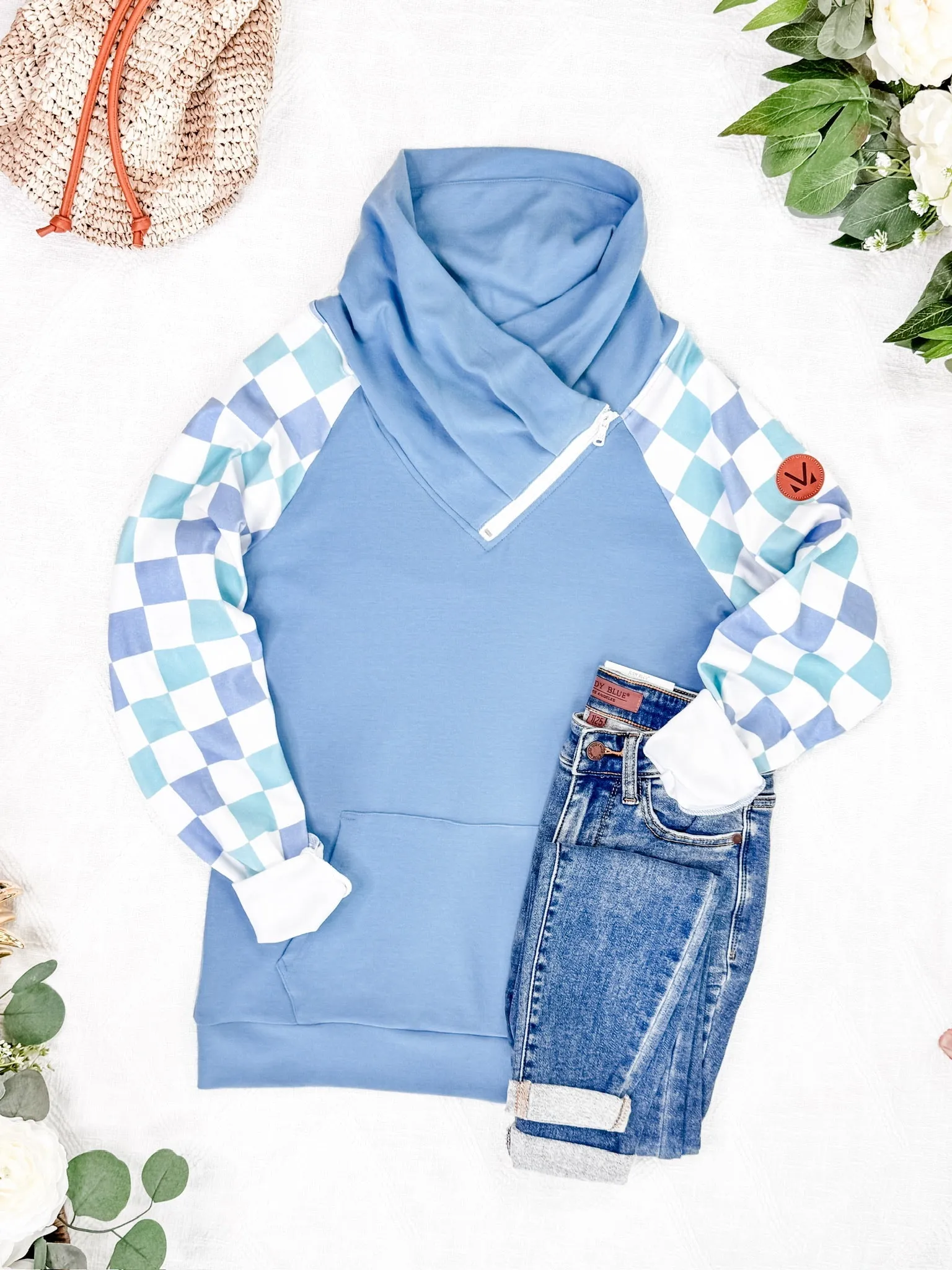 Zoey Zip Cowl Sweatshirt - Blue and Mint Checker MM EXCLUSIVE