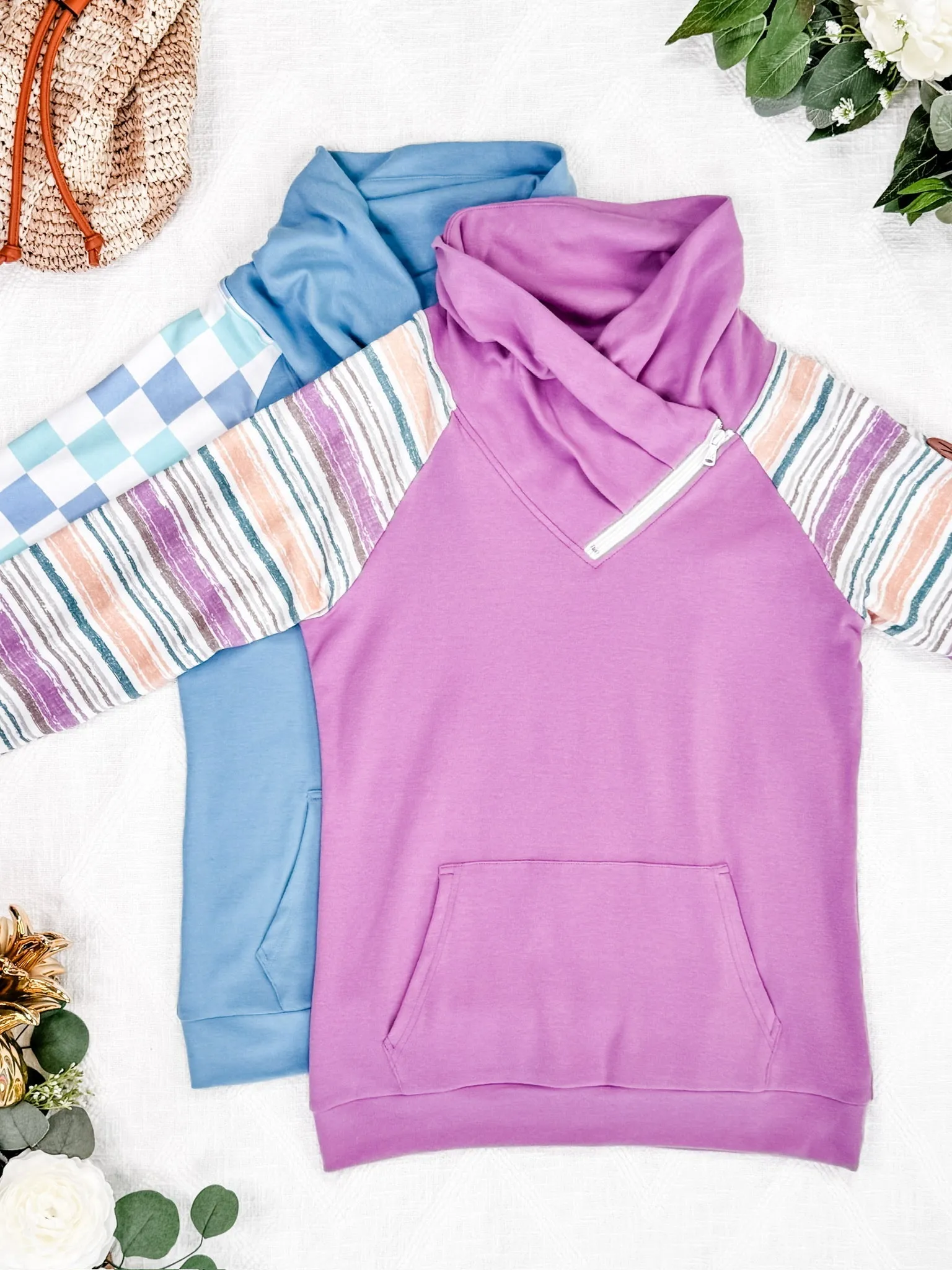Zoey Zip Cowl Sweatshirt - Blue and Mint Checker MM EXCLUSIVE