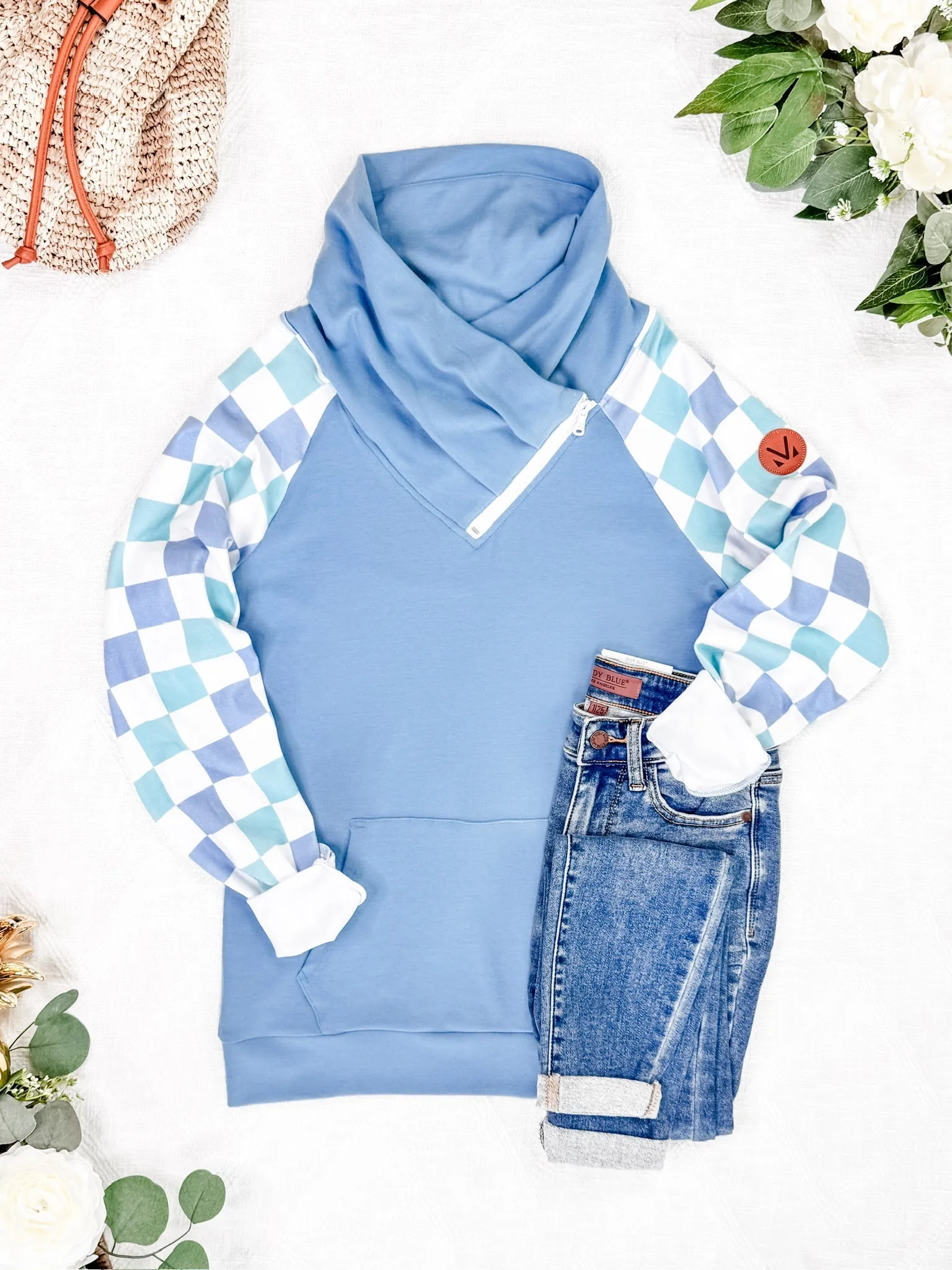 Zoey Zip Cowl Sweatshirt - Blue and Mint Checker MM EXCLUSIVE
