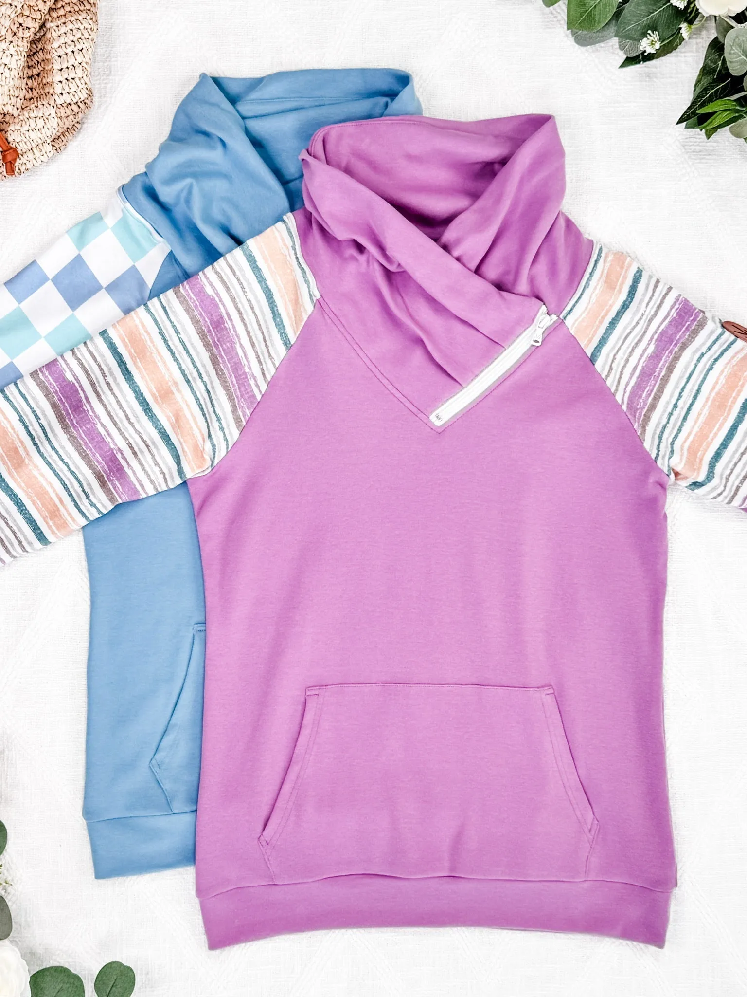 Zoey Zip Cowl Sweatshirt - Blue and Mint Checker MM EXCLUSIVE
