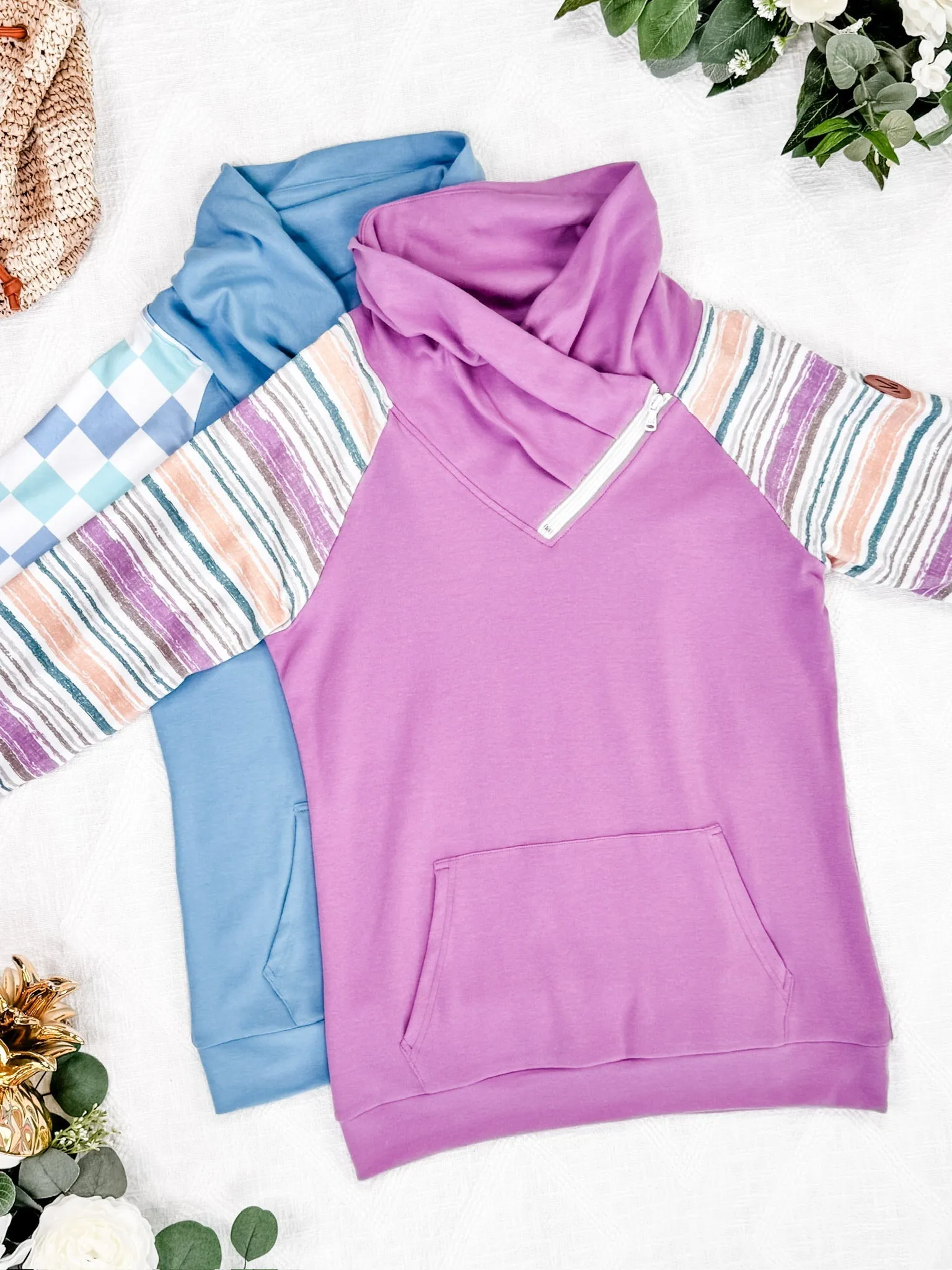 Zoey Zip Cowl Sweatshirt - Blue and Mint Checker MM EXCLUSIVE