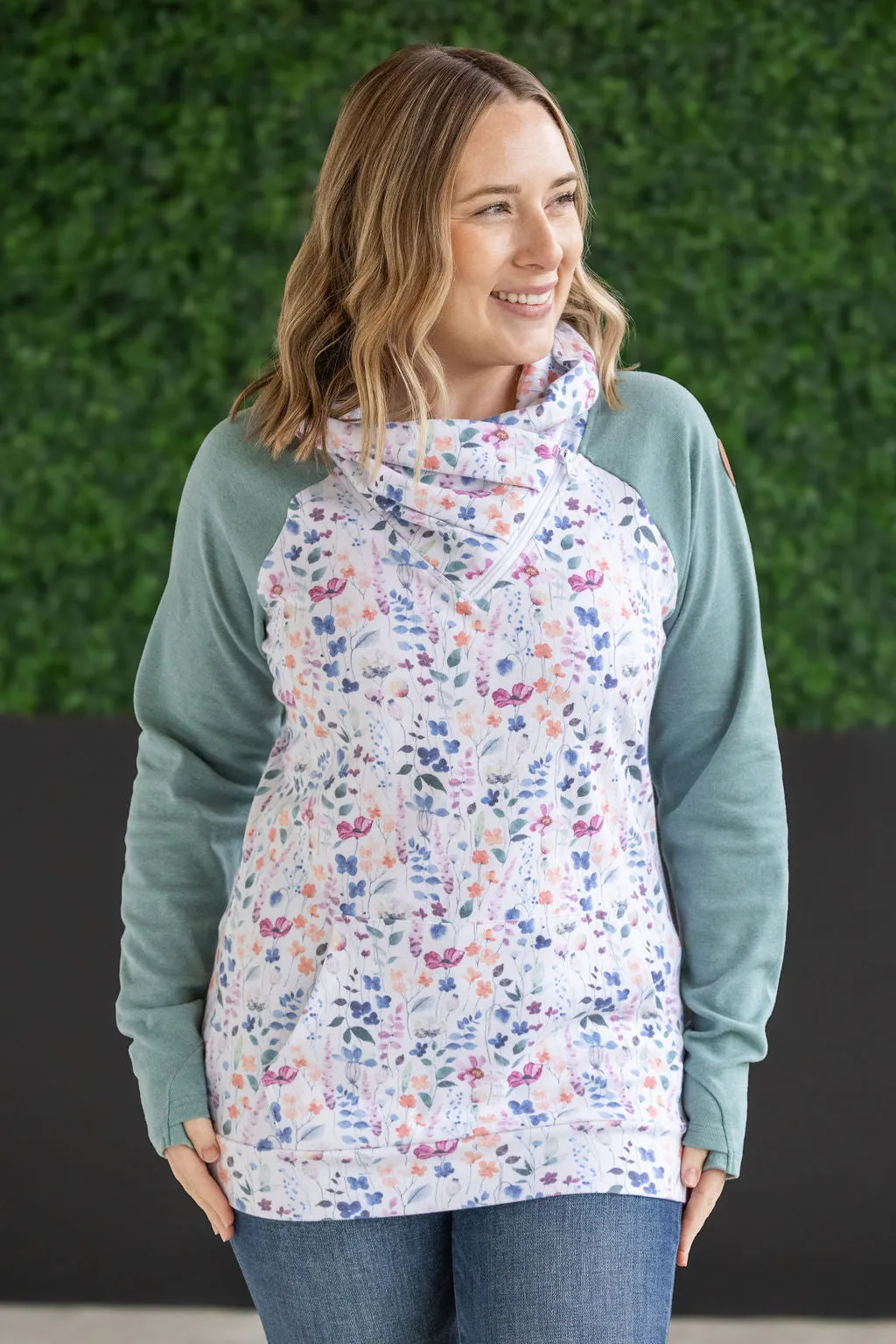 Zoey Zip Cowl Sweatshirt - Sage and Floral Paradise