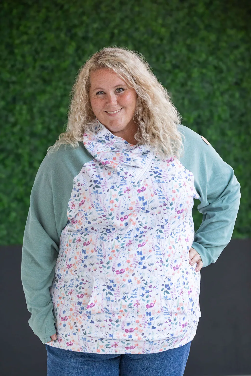 Zoey Zip Cowl Sweatshirt - Sage and Floral Paradise