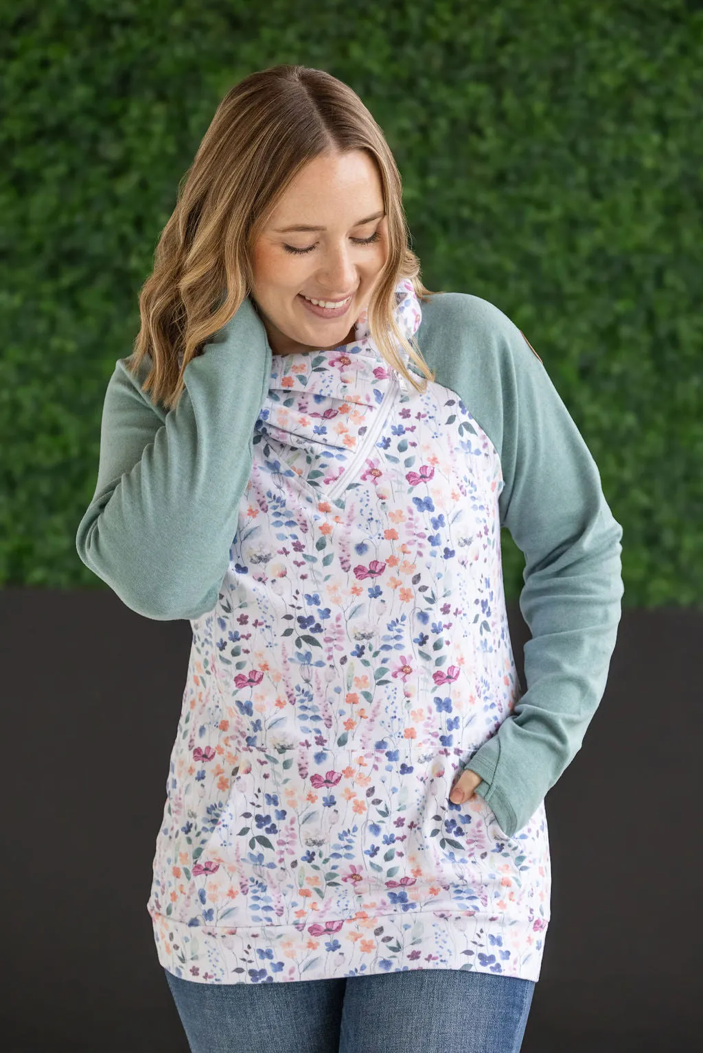 Zoey Zip Cowl Sweatshirt - Sage and Floral Paradise