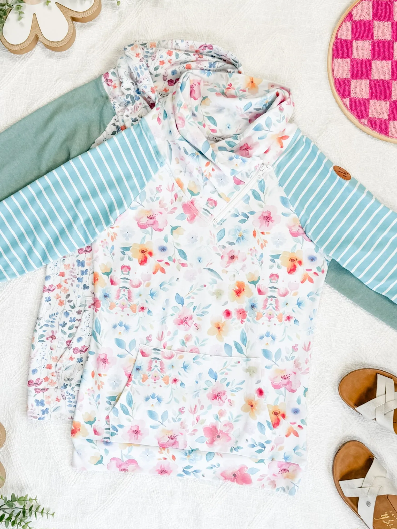Zoey Zip Cowl Sweatshirt - Sage and Floral Paradise