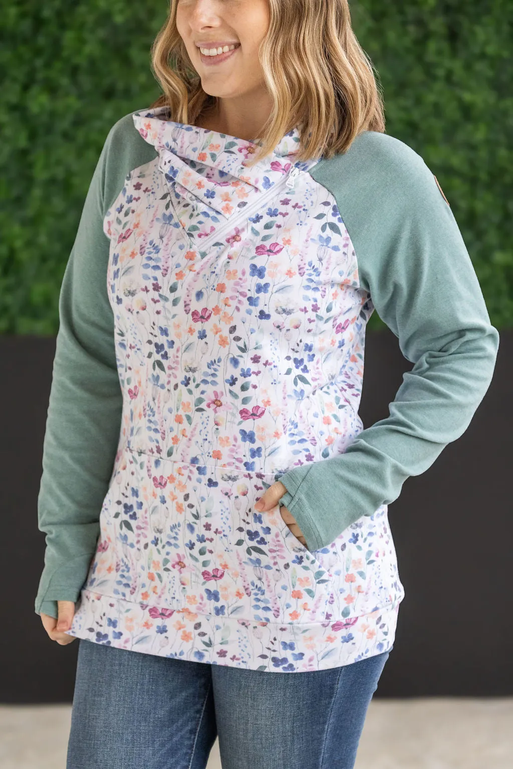 Zoey Zip Cowl Sweatshirt - Sage and Floral Paradise