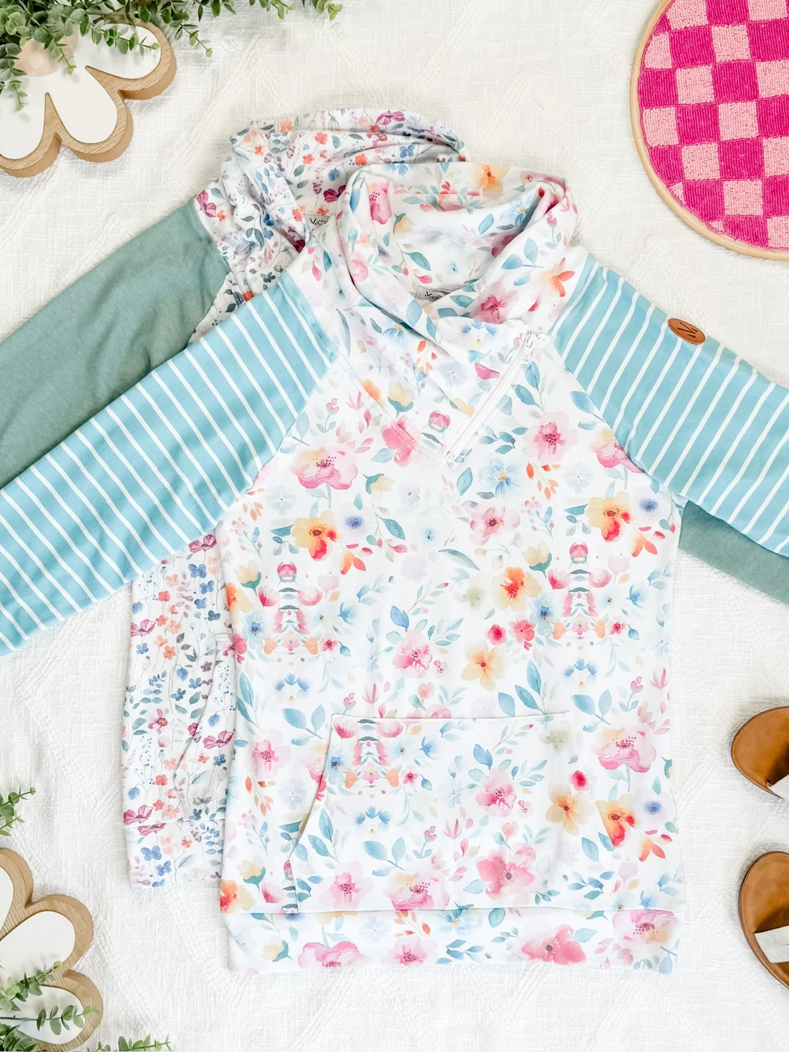 Zoey Zip Cowl Sweatshirt - Sage and Floral Paradise