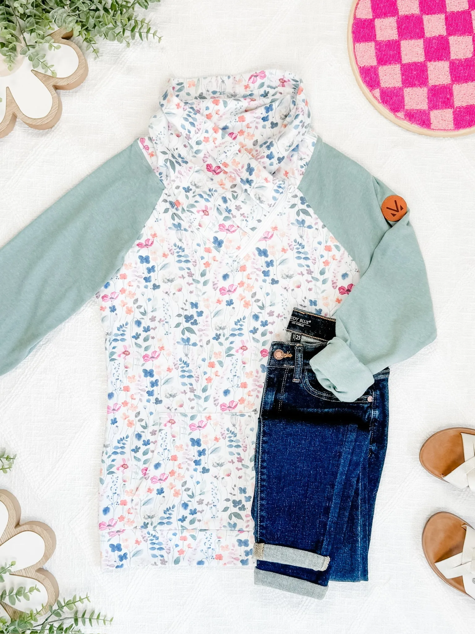 Zoey Zip Cowl Sweatshirt - Sage and Floral Paradise